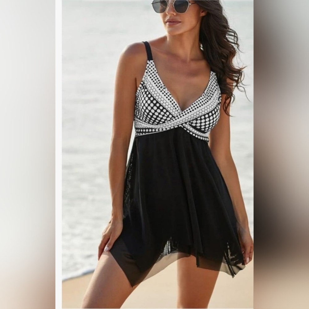 Elegant Black and White Swim Dress With Bottom Two Pieces Swimsuit